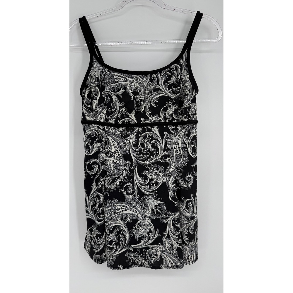 Longitude Womens Paisley Swim Dress Black White Tummy Control Sz 10